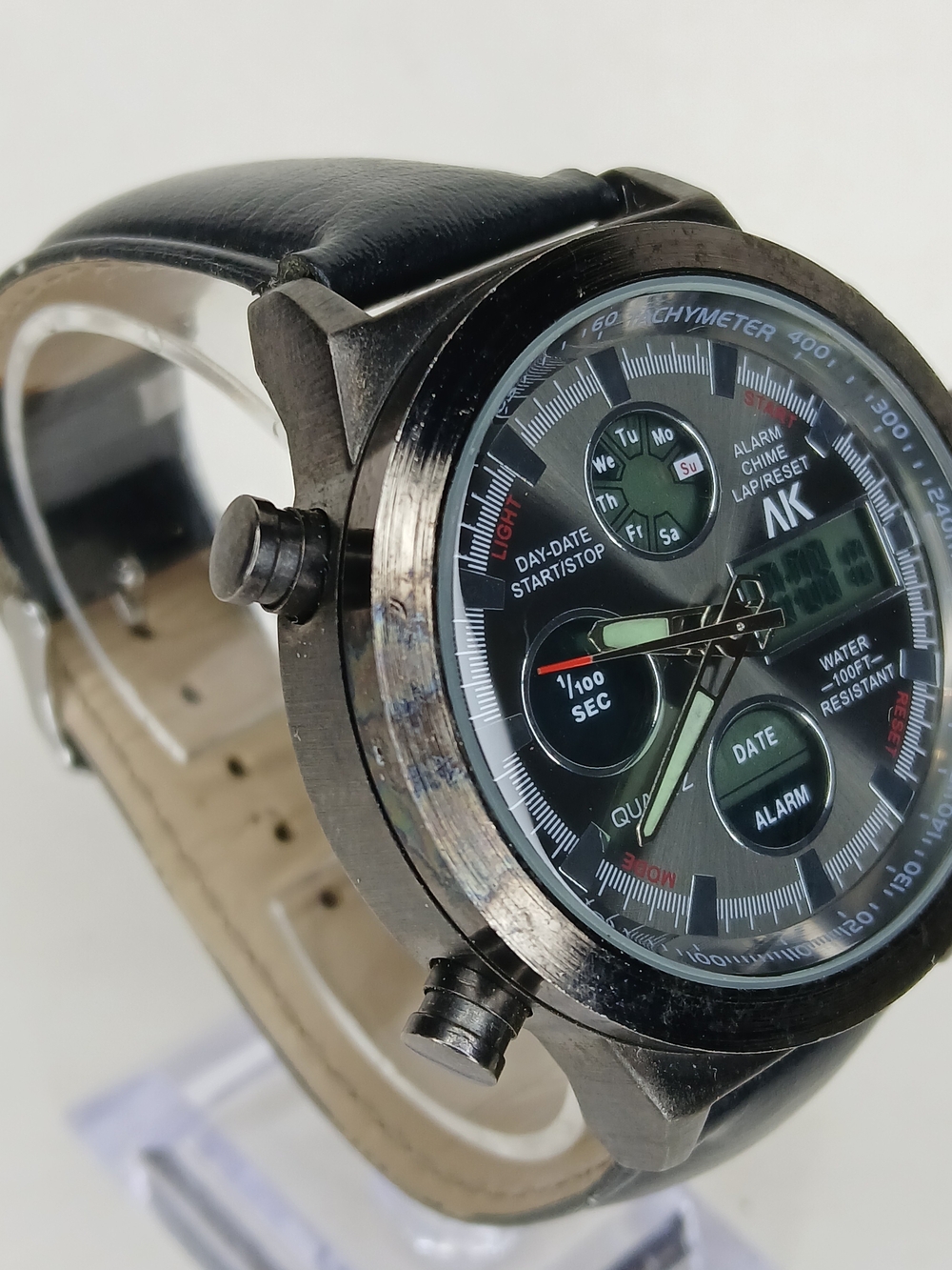 AK Mens Quartz Digital Analog Alarm Chronograph Watch Black Leather Band Gunmeta
